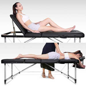 table de massage pliante noir en aluminium avec femme se faisant masser
